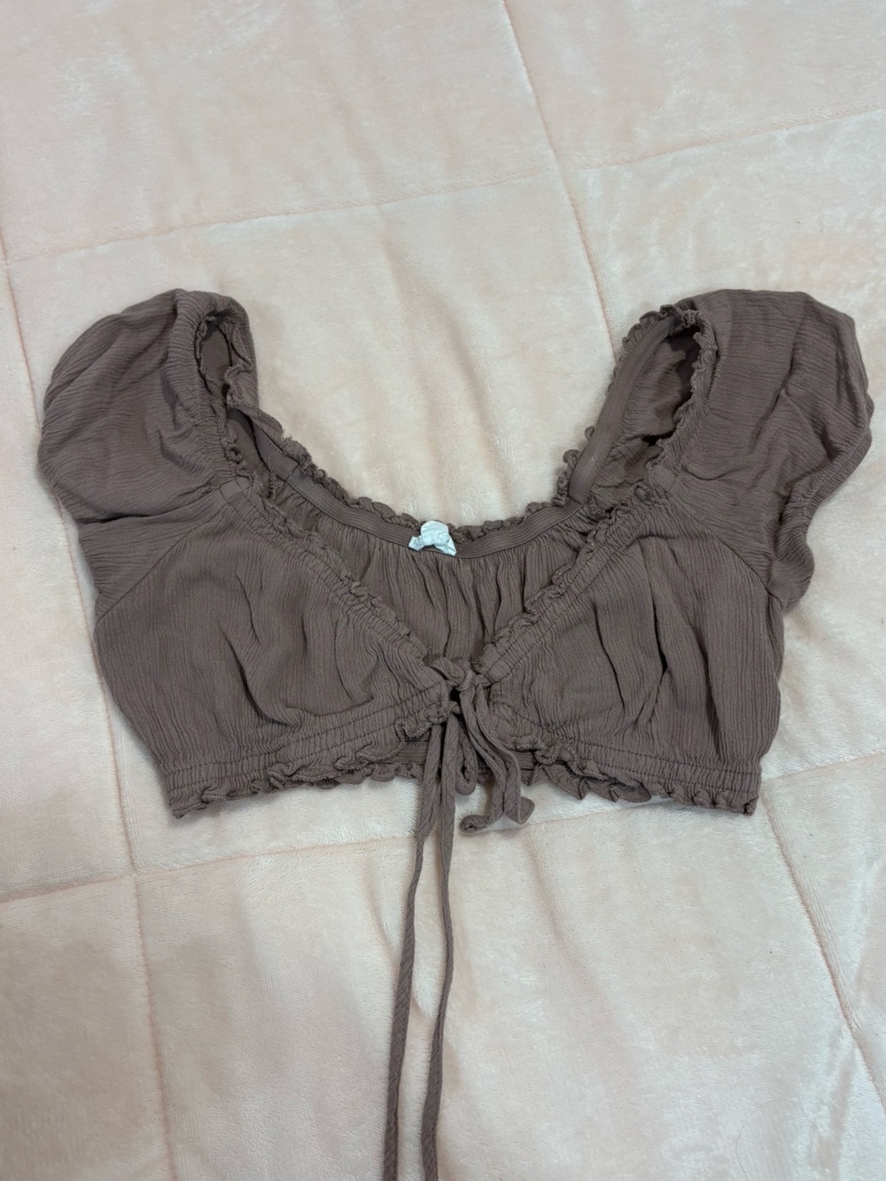 Garage Brown Tie-Front Puff Sleeve Crop Top